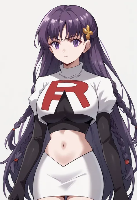 score_9, score_8_up, score_7_up, source_anime, elfine phillet, long hair, bangs, hair ornament, purple eyes, purple hair, braid, half updo, large breasts,, looking at viewer, solo,, team rocket,team rocket uniform,white skirt,red letter R,crop top,black th...