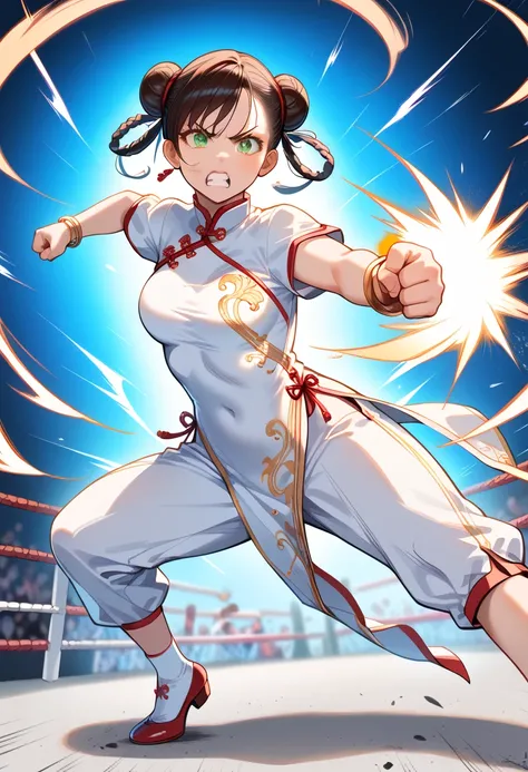 ((masterpiece, best quality, ultra detailed, high resolution, detailed facial description)), (solo, 1 girl), (cheongsam clothing), (hair rings, double bun), (tsurime:1.3, slit pupils:1.1), (heel shoes, bangle), (fighting pose, punching, Straight punch:1.3)...