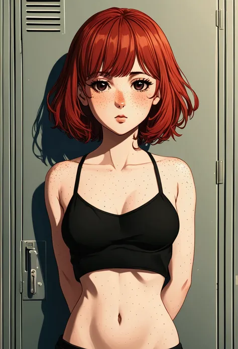 kim_pine, 1girl, solo, looking_at_viewer, blush, short_hair, bangs,navel, collarbone, red_hair, cowboy_shot, black_eyes, shadow, arms_behind_back, freckles, cleft_of_venus, locker , 