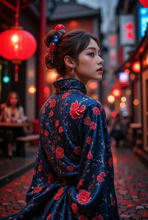 (RAW photo,) (Random shot, full body in frame, Side view focus, Dutch Angle), ((Asian adult female, one-person,) (sexy design for traditional Chinese dress, one-piece, dark navy, long length, elegant, embroidered, decoration, fascinating,) random posing, s...