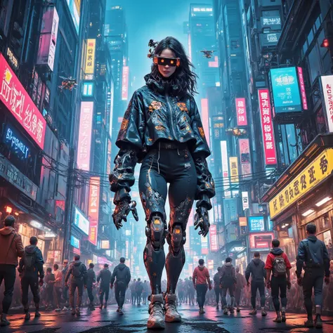 In a sprawling cyberpunk metropolis, neon-lit skyscrapers pierce the night sky, their facades adorned with holographic advertisements that flicker and shift. The streets below are a cacophony of activity, teeming with a diverse populace clad in avant-garde...