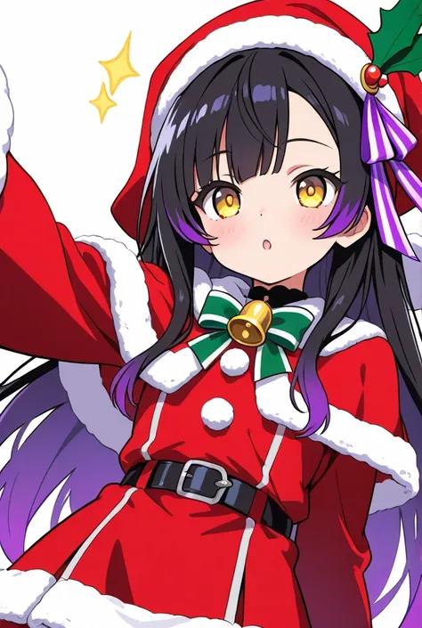 create a character with golden eyes, black hair with purple tips, side bangs, long hair. Red dress merrychristimas, Christmas play 