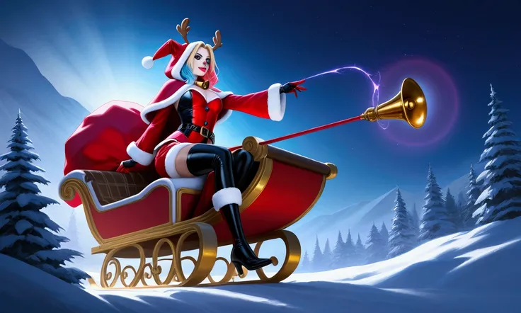 Harley Quinn, Margot Robbie, 25 years old, sexy Santas Elf themed outfit, big red sack open filled to the brim with cash and weapons red cloak with hood, golden bell body jewelry, riding a sleigh through a winter wonderland, pulled by 2 large crazy hyenas ...