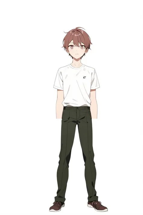 high quality, definition,  Short male hair, reddish brown or pinkish copper brown,  Reddish brown similar to mahogany or light wine eyes. Shirt: White with light gray shading. Magenta green pants.