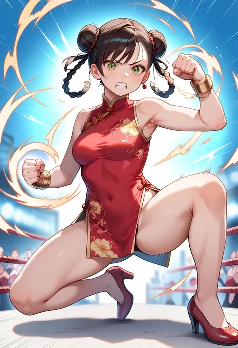 ((masterpiece, best quality, ultra detailed, high resolution, detailed facial description)), (solo, 1 girl), (cheongsam clothing), (hair rings, double bun), (tsurime:1.3, slit pupils:1.1), (heel shoes, bangle), (fighting pose, punching, Straight punch:1.3)...