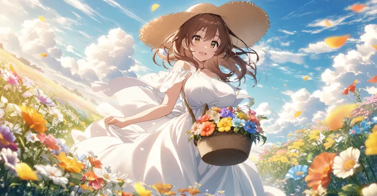 "A busty large breast anime girl with long brown hair blowing in the wind is standing in a field of flowers, wearing a straw hat and a light summer dress. She holds a basket of colorful flowers and smiles sweetly. The sky is clear with fluffy clouds, while...