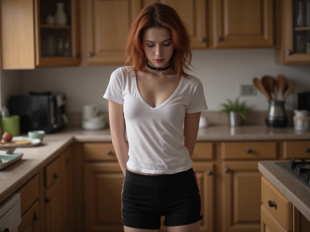 A masterpiece, a wonderful work. A girl with red hair, Caucasian race, a T-shirt without inscriptions and short black sports shorts, a leather slave collar on her neck. Stands in the middle of the kitchen and looks guilty with her eyes downcast and her han...