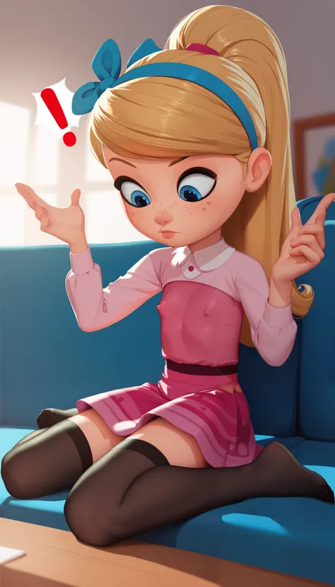 1girl, full body, solo, young girl, 9- year old, penny peterson, long hair, blue eyes, freckles, blonde hair, skirt, hairband, cyan ribbon, ponytail, black sexy stockings, pink dress, long sleeves, no shoes, score_9, score_8_up, score_7_up, score_6_up, sco...