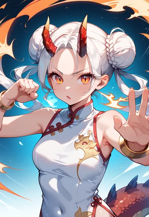 ((masterpiece, best quality, ultra detailed, high resolution, detailed facial description)), (solo, 1 girl), (cheongsam clothing), (hair rings, double bun), (dragon horn, dragon tail), (tsurime:1.3, slit pupils), (heel shoes, bangle), (fighting pose), (mig...