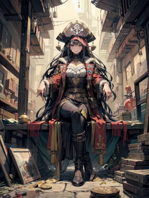 a girl in pirate suit with long hair sitting on the treasures and coins in a cave, treasures, jewel, gems, coins, captain hat, boots, frills, long coat, belts, 