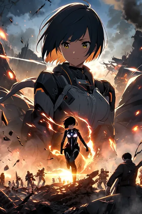 A dramatic scene set in a war-torn battlefield where a young woman, Ichigo, embraces a figure standing in front of her. The figure is Ethan, who has mysteriously returned from the dead, glowing with a celestial, otherworldly aura. He is dressed in a sleek,...