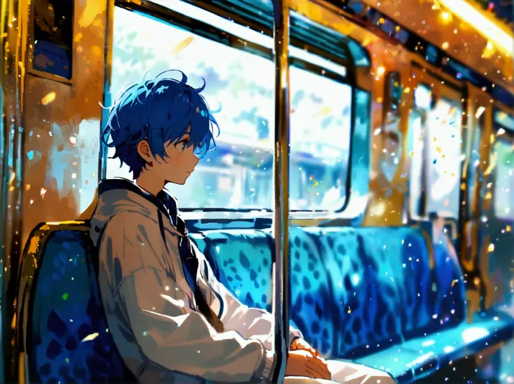  Boy with blue hair, sitting on the train wearing white clothes, looks out the window