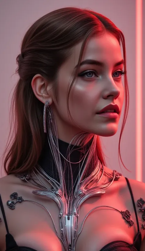 A beautiful ((evil slavic woman)), pale skin, long light brown hair, with robotic features as a closeup shot of the face and neck, with circuitry on her skin, clean lines, minimal details, cyberpunk, portrayed, futuristic design, in a 2D flat composition, ...