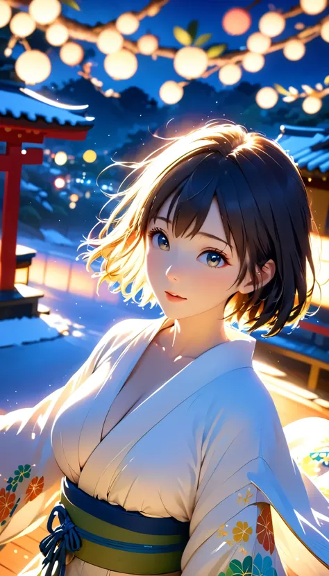 masterpiece, high res, illustration, Kyoto animation style, movie style: your name, night , mid night , Gentle Light, Fascinating Light, (1 female: 1.3), (Alone: 1.4), has long eyelashes, short bob, nose_, open_mouth, futon, , kimono,  , Kirarhythm, dynami...