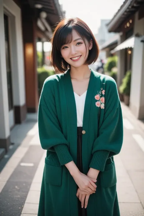  super real ,  Photorealistic , Japanese, bob hair,Date,Wearing fashionable clothes, wearing a green cardigan,Im wearing a long dress,Facing the front ,Smile a little