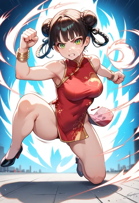 ((masterpiece, best quality, ultra detailed, high resolution, detailed facial description)), (solo, 1 girl), (cheongsam clothing), (hair rings, double bun), (tsurime:1.3, slit pupils:1.1), (heel shoes, bangle), (fighting pose, punching, Straight punch:1.3)...