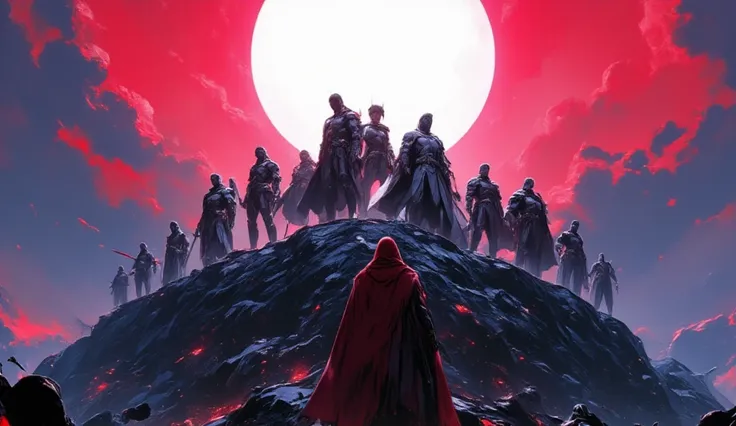 Imagen de un grupo de heroes en tres colores, white, black and red,  standing on top of a mountain. In the center of the image is the sun in white, the mountain in black and the sky in red .
