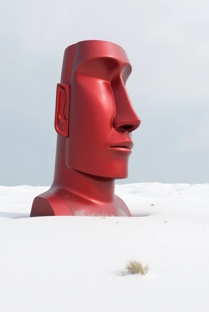 Head image of a giant polished red metal moai buried up to the nose in white sand in a desert among several small dunes