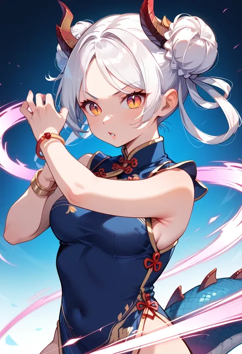 ((masterpiece, best quality, ultra detailed, high resolution, detailed facial description)), (solo, 1 lady), (cheongsam clothing), (long hair:1.3, hair rings, double bun), (dragon horn, dragon tail), (tsurime:1.3, slit pupils:1.1), (heel shoes, bangle), st...