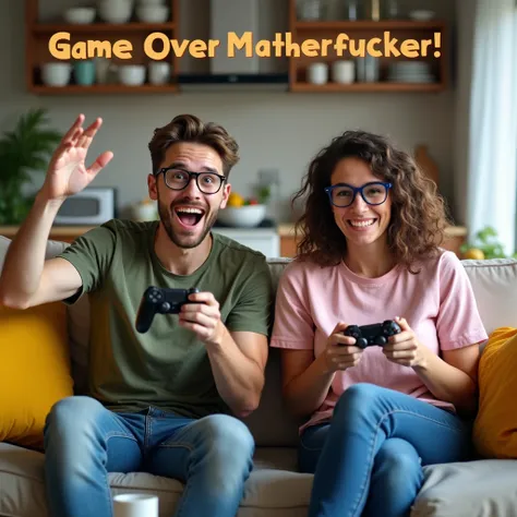 A young man and woman sitting on a couch in a well-lit living room. The man, wearing glasses and a green shirt, is excitedly raising his hands, game controller in one, losing in a video game. The woman, wearing glasses and a pink t-shirt, is holding a game...