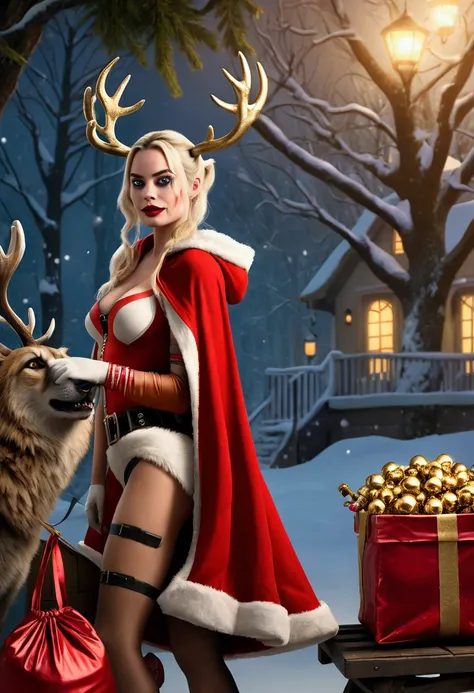 Harley Quinn, Margot Robbie, 25 years old, sexy Santas Elf themed outfit, big red sack open filled to the brim with cash and weapons red cloak with hood, golden bell body jewelry, riding a sleigh through a winter wonderland, pulled by 2 large crazy hyenas ...