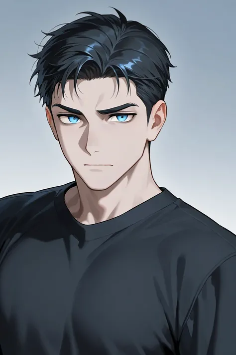 A boy that is tall pale skinned with Black hair and light cold blue eyes, hes handsome but bad tempered wearing black clothes. 