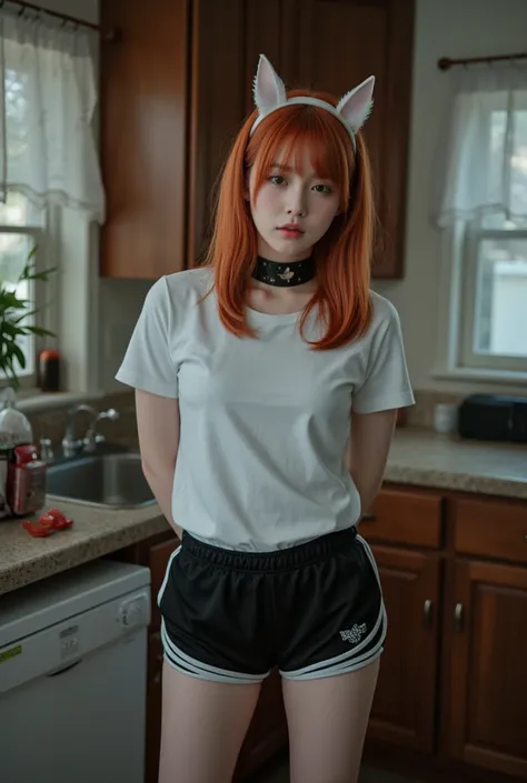 A masterpiece, a wonderful work. A girlfriend with red hair, Caucasian race, a T-shirt without inscriptions and sports black shorts, a slave collar on her neck and false ears on a headband put on her head. Stands in the middle of the kitchen and looks guil...