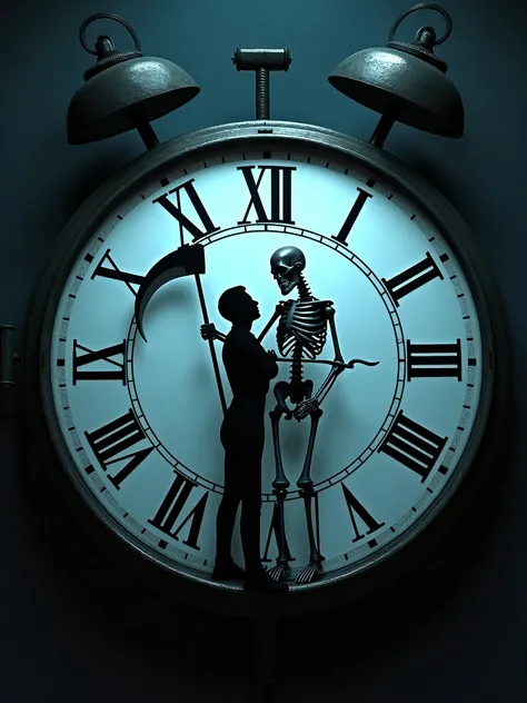 A vintage-style clock with Roman numerals, featuring a skeletal figure and a silhouetted human figure as part of the clock’s design. The skeleton holds a scythe, symbolizing time or mortality, while the shadow of the human figure interacts dynamically. The...