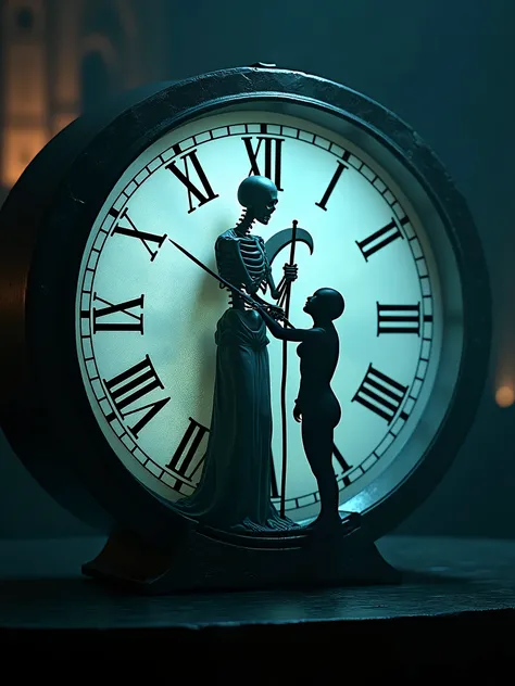 A vintage-style clock with Roman numerals, featuring a skeletal figure and a silhouetted human figure as part of the clock’s design. The skeleton holds a scythe, symbolizing time or mortality, while the shadow of the human figure interacts dynamically. The...