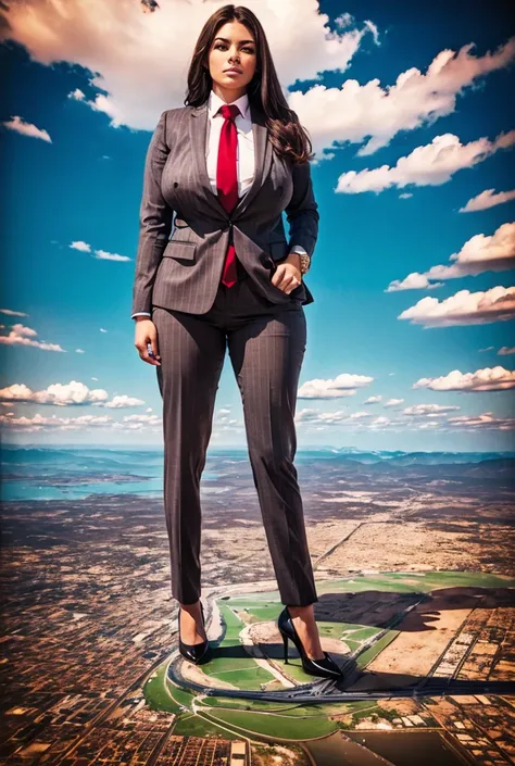 Looking down at the approaching young giga giantess, Giantess art, 500 miles tall giga giantess, young sophisticated and stylish woman in a light grey italian pinstriped trouser 3-peice suit, form fitting crisp office shirt, and a large wide light blue nec...