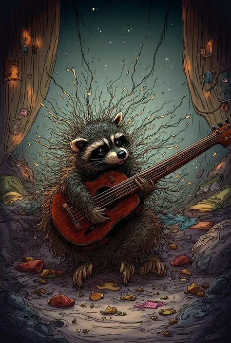 a detailed illustration of a raccoon in its messy bedroom wildly playing his guitar the room is filled with his personality such as band posters fairy lights a messy bed and scattered items like snacks, magazines and  books the raccoon plays fully passiona...