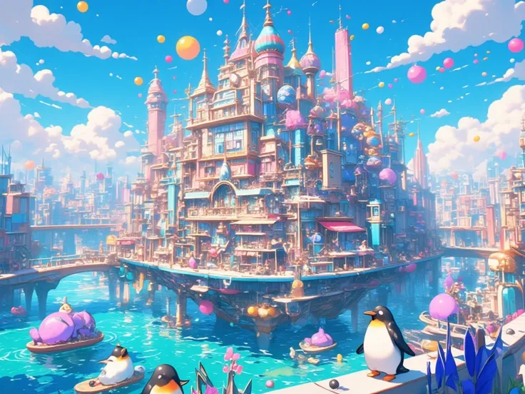 " Create an image of a floating city on a turquoise water channel, with colorful buildings and boats with purple penguins .  Include colorful bubbles in the blue sky and a magical atmosphere ."