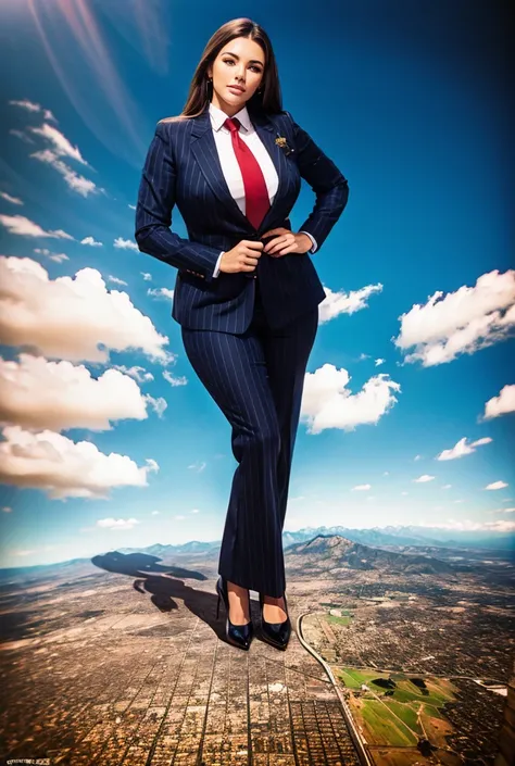 Looking down at the approaching young giga giantess, Giantess art, 500 miles tall giga giantess, young sophisticated and stylish woman in a navy blue italian pinstriped trouser 3-peice suit, form fitting crisp office shirt, and a large wide light blue neck...