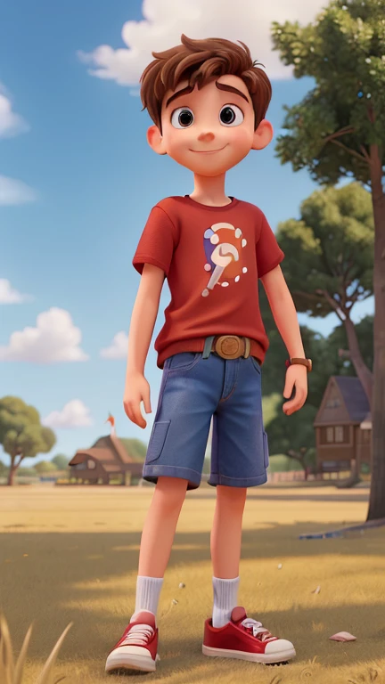 Create a Disney Pixar style close-up of Ben, a young boy with short brown hair, wearing a red t-shirt, denim shorts, and sneakers, smiling softly while holding a kite in his hands. The subject is placed centrally in the frame and is gazing at the kite, rea...