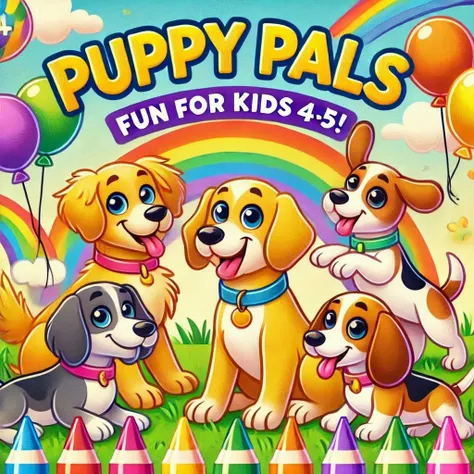 "Create a colorful, eye-catching cover for a s coloring book titled Puppy Pals: Fun for s 4-5! Showcase cartoon-style versions of the most beloved dog breeds—Golden Retriever, Labrador, Beagle, Poodle, and Dachshund—playing together. Use bright, cheerful c...