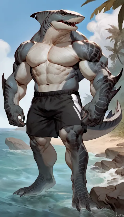 sharkman, gray belly, black and blue hands and fins, black back, solo, big arms, bara, detailed smooth skin on abs, lizard shark hybrid, anthro, closed mouth, tattoos, detailed scales, scalie arms, muscular, thick scales on arms and legs, proporcional body...