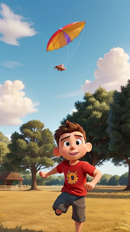 Create a Disney Pixar style action shot of Ben sprinting across the field, pulling hard on the kite string with the kite low in the air. Ben’s red t-shirt flaps in the wind, and his expression shows intense focus. The subject is placed in the center, with ...