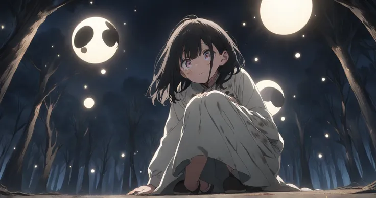 Night Forest　 Girl with Long Black Hair　 one eye is hidden　Tattered and dirty white clothes　key visual　anime　 anime keyvisual, from below, solid circle eyes, kneeling, closed mouth,