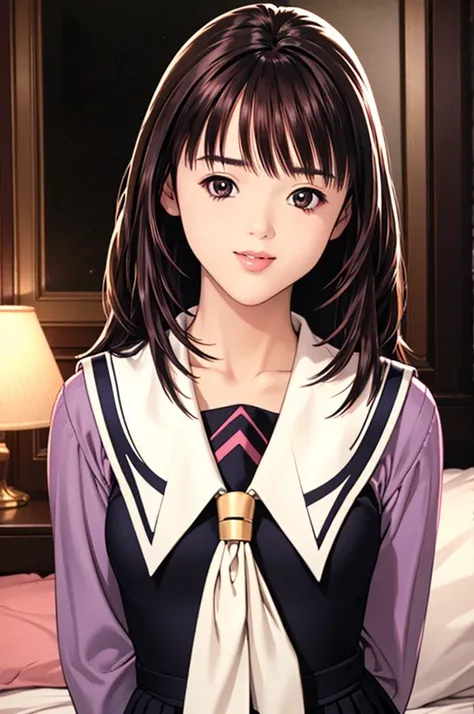 (8K, top-quality, ​masterpiece:1.2), (realistic, ultra-detail, super high resolution, beautiful detailed face, perfect body), (1girl, black long hair), (school uniform, sailor suit, purple very thin Transparent shirt, navy skirt, white tie), in European lu...