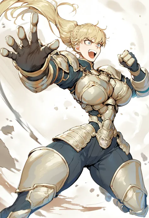 Sluttyoutfit, huge wide hips, big breasts, thin waist, narrow waist, sexy woman, pose fight, source_anime, anime_source, anime style, kunaboto style, score_9, score_8_up, score_8, Micro armor, claudia levantine, venus body, solo, dynamic view, excited expr...