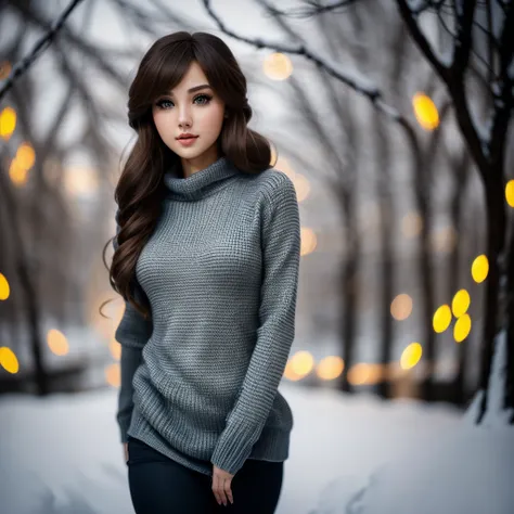 ang13gr1 ,  beautiful girl wearing a slender athletic sweater,  attractive hair ,  depth of field , Bokeh,  snowy morning , (masterpiece) ( top quality ) (  Details) (8k) ( wallpaper) ( cinematic lighting) ( Sharp Focus) ( complicated), Dynamic Lighting,  ...