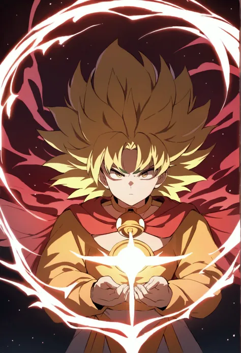 Goku is going super Saiyan, he is enveloped in an evergy aura during his magical transformation and had a red cloak with golden bells being blown by the wild energy
