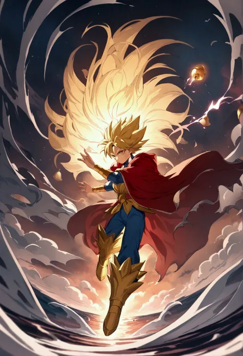 Goku is going super Saiyan, he is enveloped in an evergy aura during his magical transformation and had a red cloak with golden bells being blown by the wild energy
