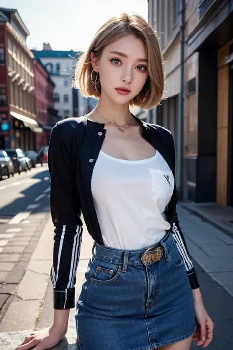  android 18,  android 18, Blonde,  blue eyes,  eyelash , hoop  earrings for women with first name,  short hair,  earrings for women with first name, break belt,  black legwear , black  shirt, breast pocket,  clevis on a stone, clavicle, denim, denim  skirt...