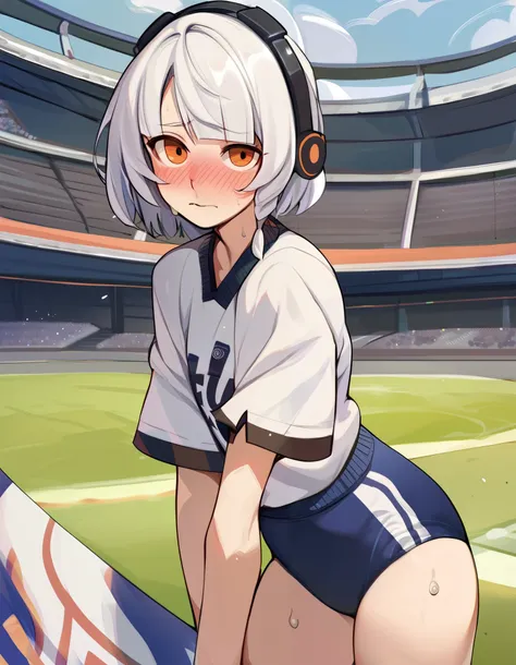 score_9, score_8_up, score_7_up, score_6_up, score_5_up, score_4_up, BREAK source_anime, 1girl, solo, outdoors, stadium, cowboy shot, standing, looking at viewer, anby, orange eyes, white hair, blunt bangs, short hair, side braid, headphones, white shirt, ...