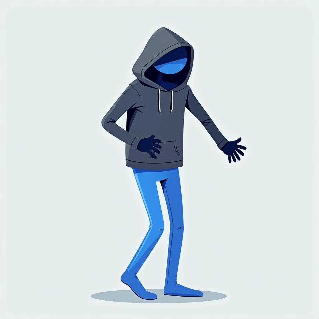 Make a blue stickman character,with a dark gray hoodie, with black gloves, no pants,
making diferent gestures.