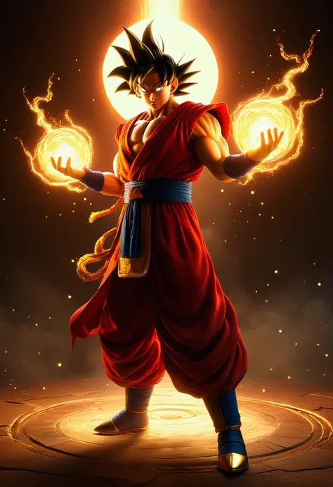 goku,super saiyan,energy aura,magical transformation,red cloak,golden bells,wild energy,cinematic lighting,dramatic atmosphere,epic scale,hyper detailed,extremely realistic,photorealistic,4k,8k,ultra-detailed,sharp focus,high resolution,studio lighting,phy...