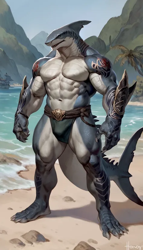 sharkman, gray belly, black and blue hands and fins, black back, solo, big arms, koholasaurus from genshin impact, bara, detailed smooth skin on abs, lizard shark hybrid, anthro, closed mouth, tattoos, adventurer clothes, detailed scales, scalie arms, musc...