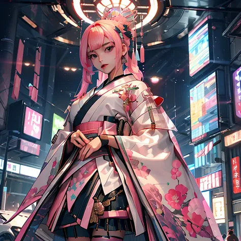 (( top quality )), ((傑 top quality 、masterpiece、High sensitivity、   High Definition  、  detailed description  、 Delicate face )), Slender Woman、glass、  New Year、 Mini skirt kimono 、  cyberpunk、 Hair Color Pink 、
