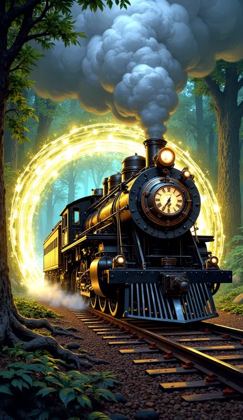 a steam train leaving a portal .  the train has a clock on its front .  the portal from which it exits is magical and shines brightly.